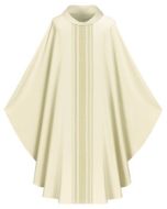 White Chasuble with inside stole.
Adorned with orphreys in Ornata, a stylish fabric with a woven pattern in shades of gold.