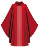 Chasuble with inside stole.
 Red Adorned with orphreys in Ornata, a stylish fabric with a woven pattern in shades of gold.
