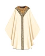 Chasuble with inside stole.
Combination of brocade application and orphreys. Beige