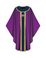Gothic Chasuble, with inside stole.
Banding and decoration around neck in Goya, damask fabric, with gold braid and hand-embroidered cross.