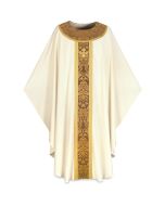 Gothic Chasuble, with inside stole.
Banding and decoration around neck in Goya, damask fabric, with gold braid and hand-embroidered cross.