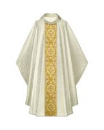 White Chasuble, roll-collar "4"; with inside stole. Beautiful brocade, finished with a small, fine gold braid. Matching overlay stole