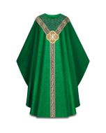 Green Chasuble, with inside stole.
Featuring matching Goya damask, a woven orphrey and a machine-embroidered emblem.