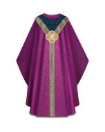 Purple Chasuble, with inside stole.
Featuring matching Goya damask, a woven orphrey and a machine-embroidered emblem.