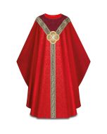 Red Chasuble, with inside stole.
Featuring matching Goya damask, a woven orphrey and a machine-embroidered emblem.