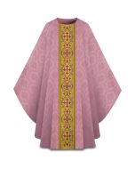 Chasuble, with inside stole.
Featuring gold brocade banding with embroidery, matching the color of the chasuble.
Rose. Slabbinck
