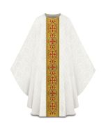 Chasuble, with inside stole.
Featuring gold brocade banding with embroidery, matching the color of the chasuble.
White. Slabbinck