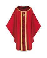 Gothic Chasuble, with inside stole.
Banding and decoration around neck in Goya, damask fabric, with gold braid and hand-embroidered cross.