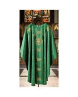 Tudor Rose damask. The chasubles have an ample gothic cut with a 61 inch width and a 53 inch length and include an inner stole. Green