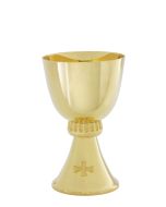 High Polish Chalice plated in 24K gold. 7" Height, 15 oz. with 6-1/8"bowl paten.