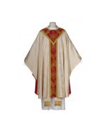 Made in an exclusive historical European damask combined with an exquisite brocade and gold galloons. (100% wool)
The chasubles are lined and have a gothic cut with a 61 inch width and a 49 inch length, and include an inner stole. White-Red