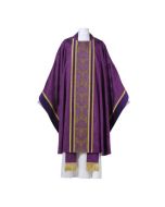 Series of baroque vestments, made in an exclusive historical European damask combined with an exquisite brocade, velvet and gold galloons. (100% wool)
The chasubles are lined and have a gothic cut with a 61 inch width and a 49 inch length, and include an