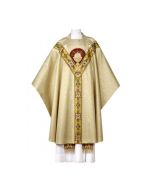 exclusive goldbrocade with a 'Chalice' monogram, hand embroidered on burgundy velvet. The chasubles are lined and have a gothic cut with a 61 inch width and 49 inch length, and include an inner stole