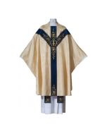 made in an exclusive historical European floral damask with an authentic 'Grossé' design, symbolizing a crowned 'M' monogram, originating from the early 20th century, exquisitely embroidered on a blue velvet orphrey. (100% wool)
The chasubles are lined