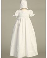Baptism Gown, 6-12 Months, White Smocked Cotton, Bonnet Included