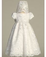White Baptismal Tulle Gown Corded, with Sequins, 3-6 Months, Bonnet Included